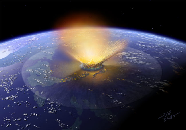 [Artist's conception of the Chicxulub impact. Image credit: Don Davis. From http://www.space.com/10489-nuke-asteroid-idea-revived-protect-earth.html]