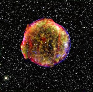 [This composite image of the Tycho Type 1a supernova remnant combines infrared and X-ray observations obtained with NASA's Spitzer and Chandra space observatories, respectively, and the Calar Alto observatory, Spain. Image credit: NASA/MPIA/Calar Alto Observatory, Oliver Krause et al. From http://www.spitzer.caltech.edu/images/2060-sig08-016-Vivid-View-of-Tycho-s-Supernova-Remnant]