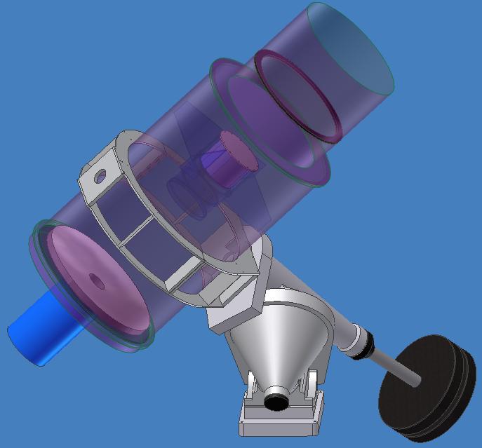 [Solid model rendering of the DFM custom Wright Schmidt optics showing the 50cm entrance aperture is smaller than the mirror.  The camera is suspended at the prime-focus inside the container surrounded by the 4 spider-vanes.  The mirror is supported and focussed using the hole in its center - the blue tube extending off the back of the mirror is the focuser.  The telescope is shown on a Mathis Instruments (http://www.mathis-instruments.com) MI-1000 mount only for the purpose of illustration. Image credit: John Tonry, University of Hawaii.]