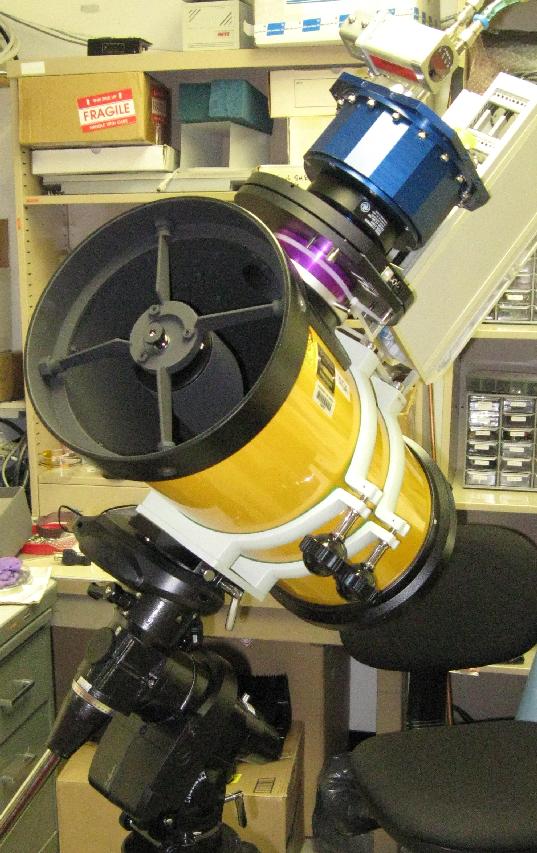 [A prototype camera (16 Mpixel) mounted on an 18cm Takahashi astrograph. Image credit: John Tonry, University of Hawaii Institute for Astronomy.]